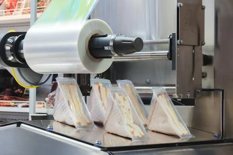 Automatic conveyor line for packaging food products into transparent, disposa 写真素材