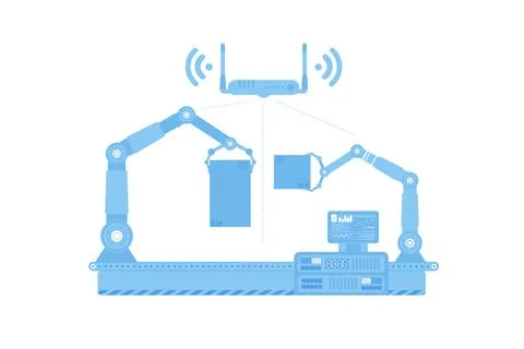 Automatic conveyor line with robotic arm. The concept of the Internet of th.. 스톡 일러스트