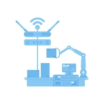 Automatic conveyor line with robotic arm. The concept of the Internet of thin Stock Illustration