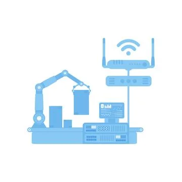 Automatic conveyor line with robotic arm. The concept of the Internet of th.. Stock Illustration