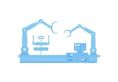 Automatic conveyor line with robotic arm. The concept of the Internet of thin 스톡 일러스트