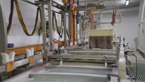 Automatic crane lifts rack of circuit boards from galvanic bath Stock Footage 348171167