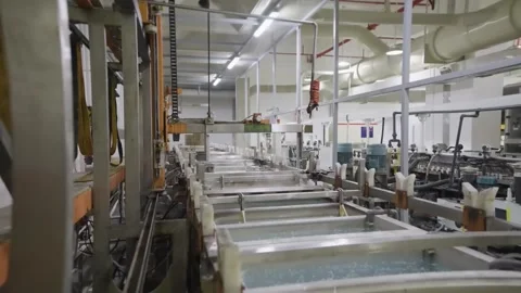 Automatic crane moves rack of circuit boards along electroplating line Stock-Footage 348171164