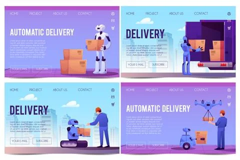 Automatic delivery technology landing page design vector set, robot quadcopter Illustrazione stock