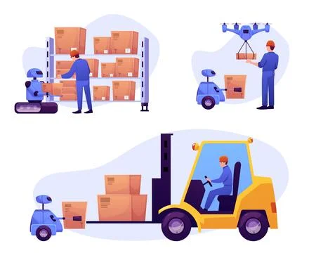 Automatic delivery technology, smart distribution, warehouse logistics Illustrazione stock