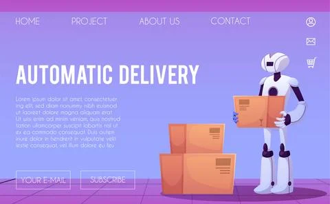 Automatic delivery technology vector landing page design, industrial robot carry Stock Illustration