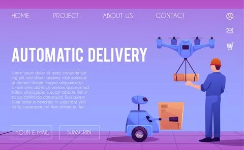 Automatic delivery technology vector landing page design, robotic quadcopter Stock Illustration