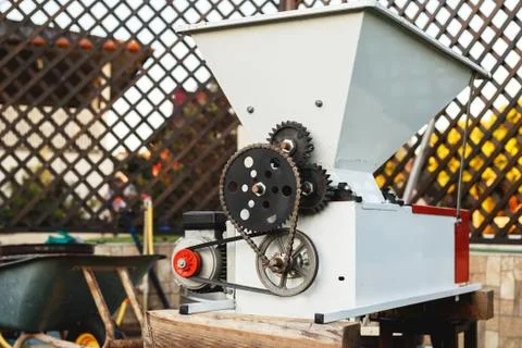 Automatic destemmer crusher machine. Small business concept. Wine Making proc Foto stock