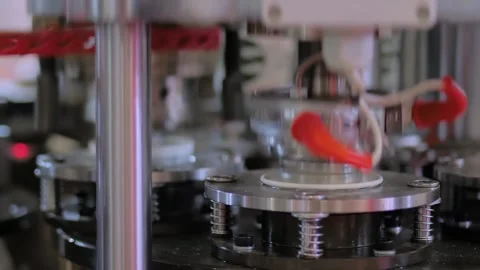 Automatic disposal coffee paper cup making machine during work at exhibition Stock Footage 344600802