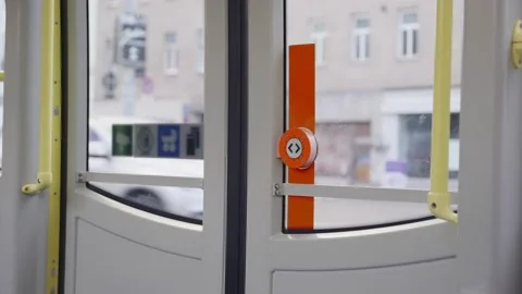 Automatic door on public transport tram in Vienna, Austria during drive or ride Stock Footage 218470232
