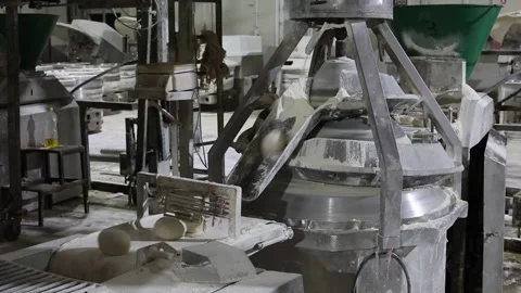 Automatic dough shaping machine in an industrial bread factory Stock Footage 301592894