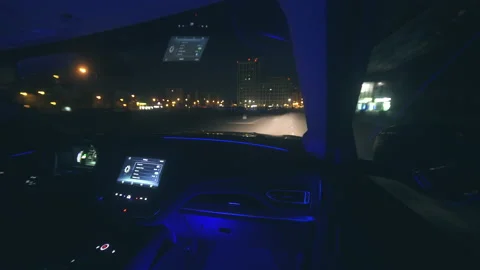 The automatic driving at the night city road Stock Footage 156542763