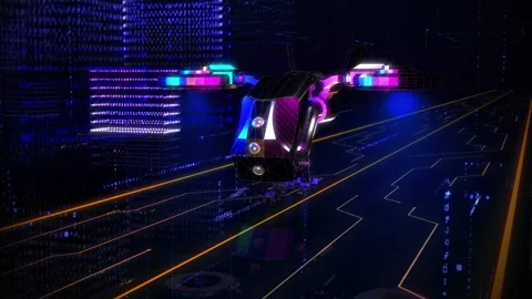 Automatic Drone Traveling through Dark Digital Environment. 3D Computer Graphics Stock Footage 148776404