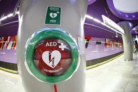 Automatic External Defibrillator at the Metro station in Warsaw Stock Photos