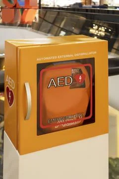 Automatic external defibrillators (AEDs) are installed in public areas. Stock Photos