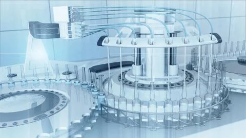 Automatic factory machine for filling vials with vaccine and medicines 3D Stock Illustration