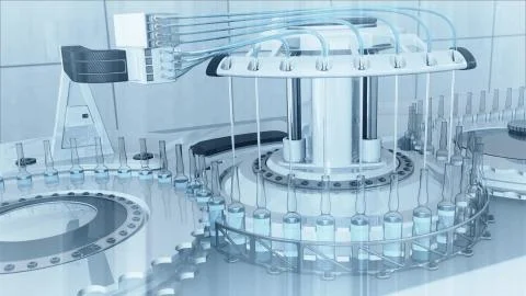 Automatic factory machine for filling vials with vaccine and medicines 3D Stock Illustration