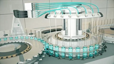 Automatic factory machine for filling vials with vaccine and medicines 3D Stock Illustration