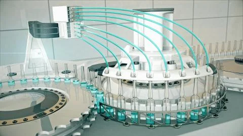 Automatic factory machine for filling vials with vaccine and medicines 3D Illustrazione stock