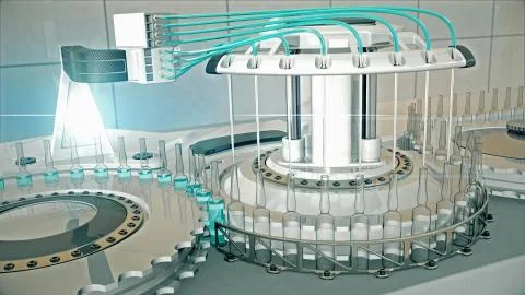 Automatic factory machine for filling vials with vaccine and medicines 3D Stock Illustration