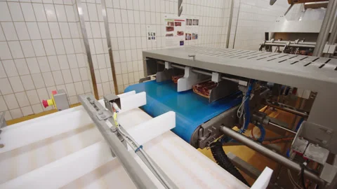 Automatic feeder of pieces of meat from conveyor belt to industrial cutter Stock Footage 205490003