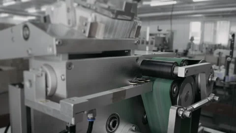 Automatic feeding of leaflets with instructions into boxes with products. Stock Footage 306576497