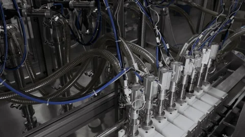 Automatic filling of bottles with shampoo, shower gel, liquid soap. Stock Footage 306581699