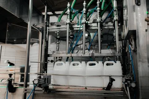 Automatic filling machine pours into plastic PET bottles at modern beverage Stock Photos