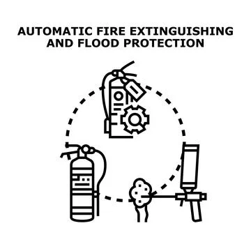 Automatic fire extinguishing and flood protection system concept Stockillustratie