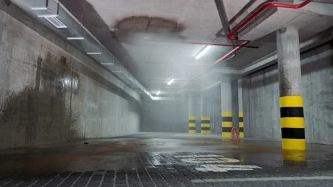 Automatic fire extinguishing with water in the underground parking lot. Water Video stock 157332782
