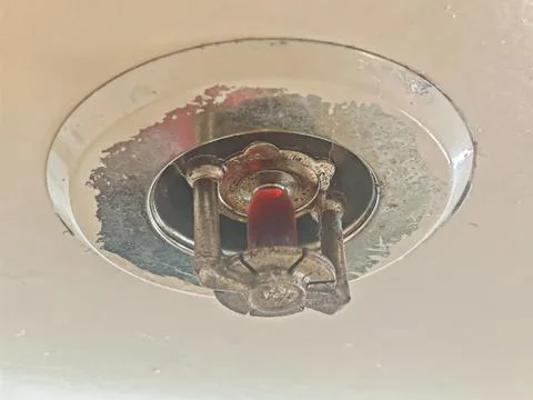 Automatic Fire Sprinkler System Head on Ceiling for Building Safety Stockfoto's