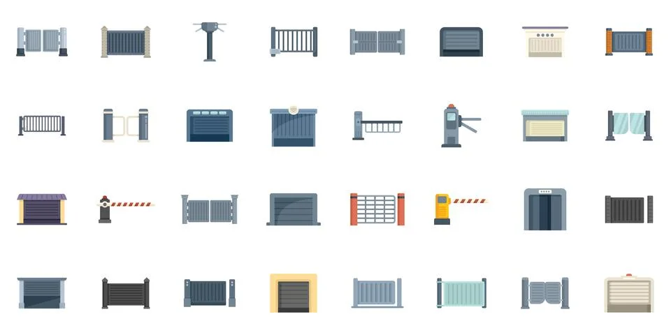 Automatic gate icons set flat vector. Electric door Stock Illustration