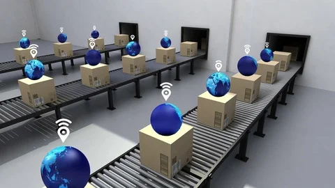 Automatic global delivery of goods on conveyor, Digital Tracking goods. Stock Footage 76649136