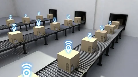 Automatic GPS system delivery of goods on conveyor, Digital Tracking goods. Stock Footage 76648939