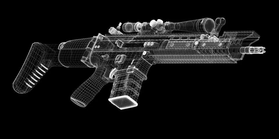 Automatic gun on background, body structure, wire model Stock Illustration
