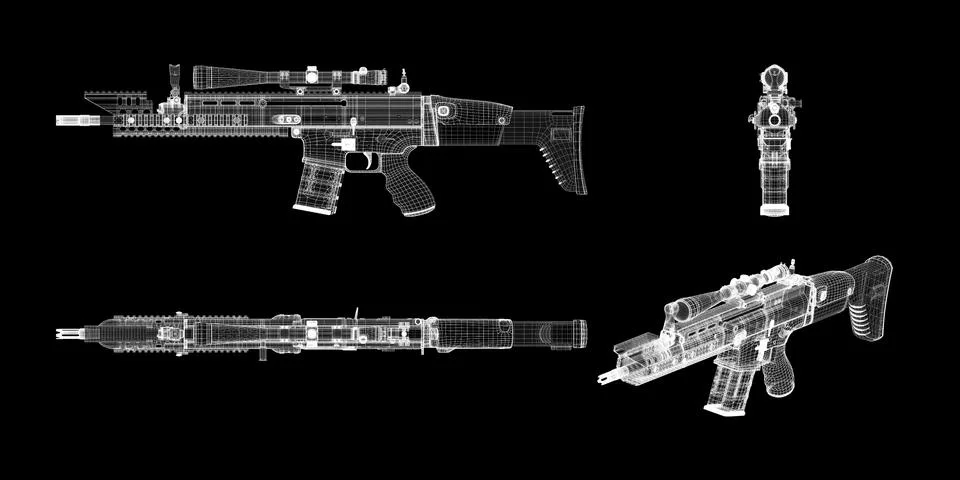 Automatic gun on background, body structure, wire model Stock Illustration