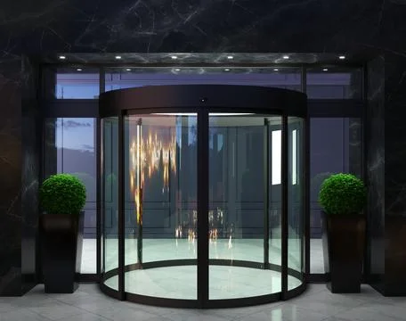 Automatic half round glass modern door facade mockup Illustrazione stock