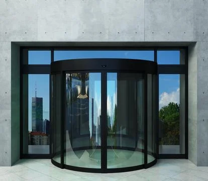 Automatic half round glass modern door facade mockup Illustrazione stock