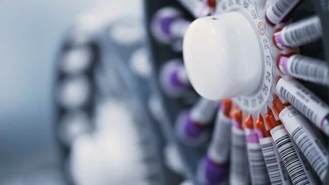 Automatic hematology analyzer with glass test tubes with blood Stock Footage 189312640