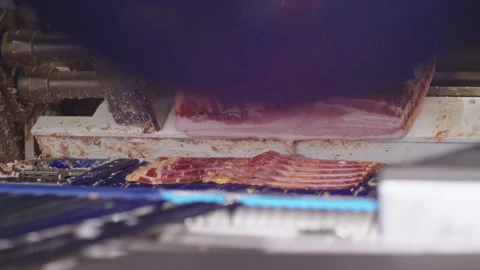 Automatic industrial cutter quickly cuts large pieces of smoked pork bacon into Stock Footage 205489909