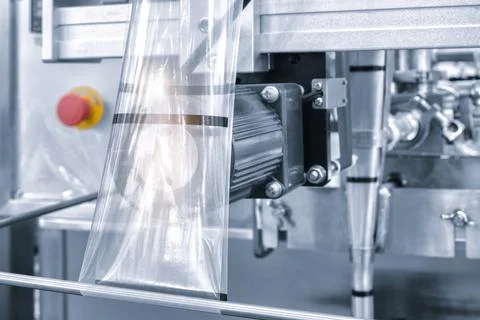 Automatic industrial machine for plastic packaging with light effect of produ Foto stock