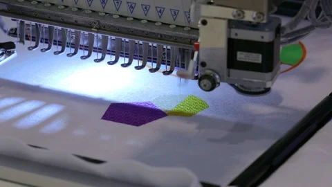 Automatic industrial sewing machine for stitch by digital pattern. Modern tex Stock Footage 118672542