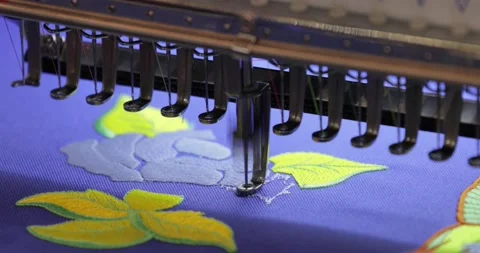 Automatic industrial sewing machine for stitch by digital pattern. Modern tex Stock Footage 164062421