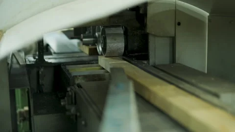 Automatic Industrial Wood Cutting Machine with Feeding Roller Stock Footage 332278896