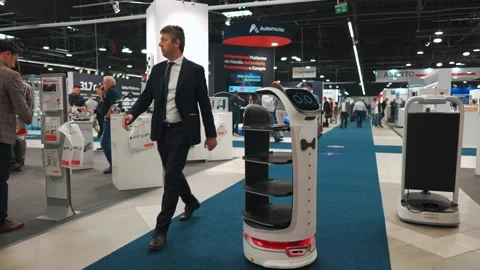 Automatic intelligent robot waiter with cat face for catering and food service Stock Footage 277888328