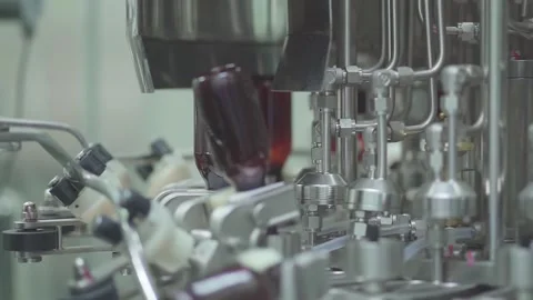 Automatic Inverted Bottle Rinsing Machine in Pharmaceutical Packaging Factory Stock Footage 340600813