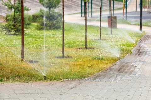 An automatic irrigation system irrigates the green lawn in the young garden o Stock Photos