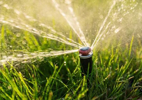 Automatic irrigation system. Water sprayer for irrigating a lawn. Stock Photos