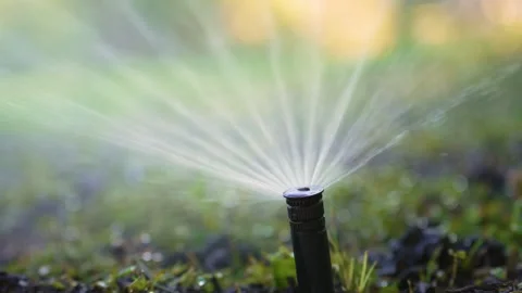 Automatic irrigation system with water sprinkler for maintaining grass lawn. Stock Footage 317270774
