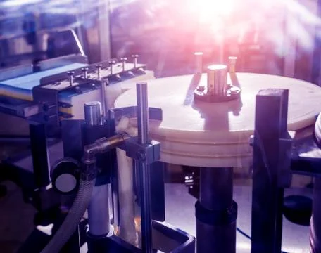 Automatic labeling machine during operation. Factory for the production Stock Photos